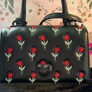 Luv Betsey - Black Satchel with Red Tulip Embroidery